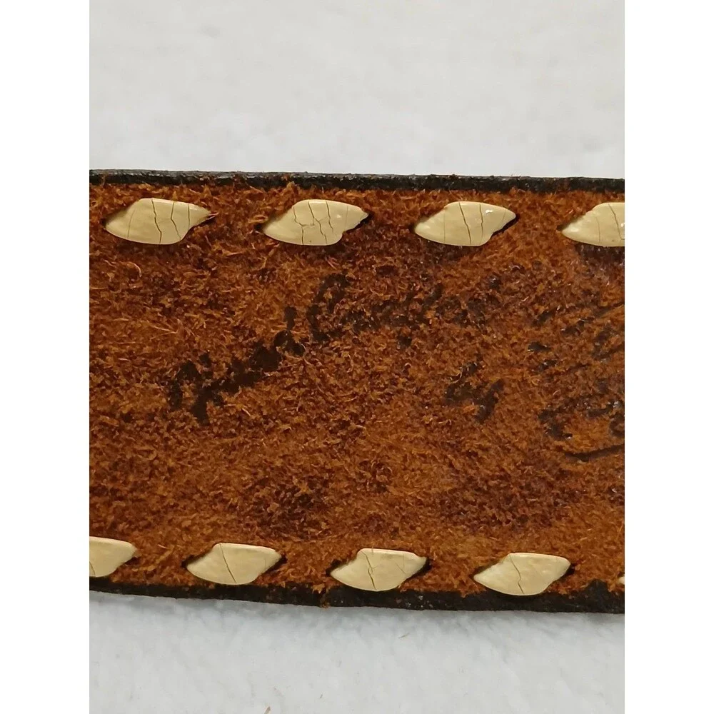 ​Vintage‎ Hand Tooled Brown Leather Belt Floral PAUL Embossed Weave Edge Size 34